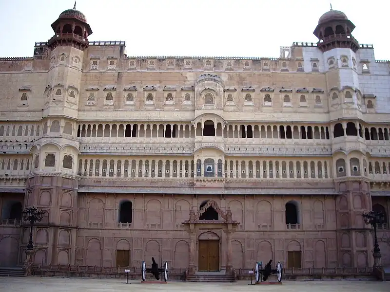 Entrance eastern façade of the Junagarh Fort. Historical records reveal that despite the repeated attacks by enemies to capture the fort, it was not taken, except for a lone one-day occupation by Mughal prince Kamran Mirza.