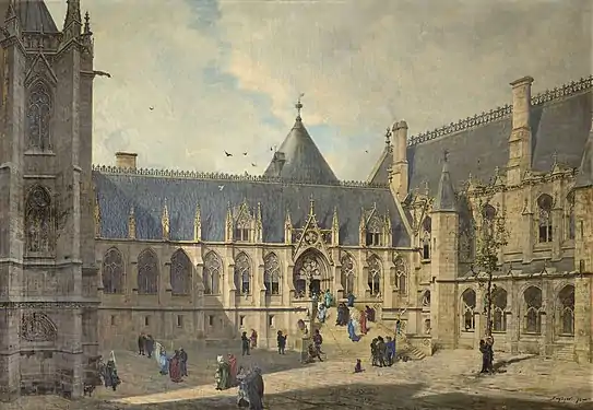 Cour du Mai in the late Middle Ages, reconstruction by Emmanuel Lansyer&nbsp;[fr], 1878
