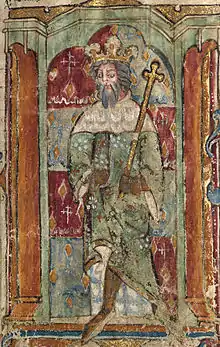 Folio 3r. A king, possibly Magnus Maximus, holding a sceptre.