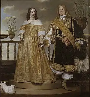 Wedding portrait of Magnus Gabriel De la Gardie and Maria Eufrosyne, 1653.  Beside them, a little dog in lion cut.