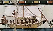 Stern-mounted steering oar of an Egyptian riverboat depicted in the Tomb of Menna (c. 1422–1411 BC) Note that the sail is stretched between yards.