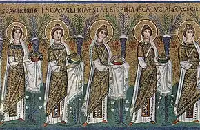 Procession of virgin martyrs bearing wreaths, with palms behind them (Basilica of Sant'Apollinare Nuovo in Ravenna, before 526 AD)