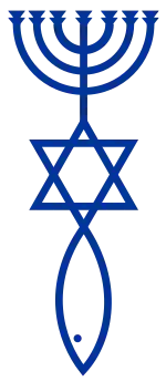 A blue symbol on a white background. At the top is Menorah, connected to the Star of David at its base, which itself is connected to an Ichthys fish pointed down below it.