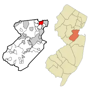 Map of Avenel CDP in Middlesex County. Inset: Location of Middlesex County in New Jersey.