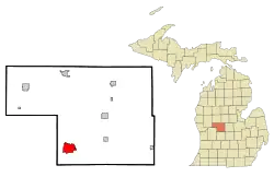 Location of Greenville within Montcalm County and the state of Michigan