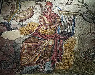 Detail from Zaragoza Fragment of the Mosaic of Orpheus, belongs to the  "Casa de Orfeo", which was located next to the Roman walls near the central market in Caesaraugusta.