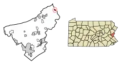 Location of Portland in Northampton County, Pennsylvania (left) and of Northampton County in Pennsylvania (right)