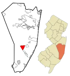 Location of Ocean Acres in Ocean County highlighted in red (left). Inset map: Location of Ocean County in New Jersey highlighted in orange (right).
