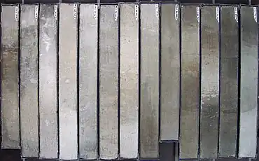 Sediment core, taken with a gravity corer by the research vessel POLARSTERN in the South Atlantic; light/dark-coloured changes are due to climatic variation of the Quaternary; basis age of the core is about 1 million years.