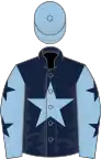Dark blue, light blue star, light blue sleeves, dark blue stars, light blue cap