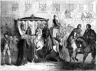 Black and white woodcut image of a man in a cloak on horseback by a horse-drawn carriage containing a man (George III) and woman, among a crowd