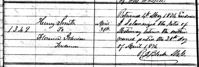 Likely marriage record of Florence Johnson; the note below their names reads Freedmen