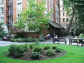 Circle of green grass about 10 yards in diameter, with a roughly 3 yard brown central area containing low bushes. Outward-facing park benches are at the circle's rim, and a multistorey brick building with an awning is in the background, across a sidewalk.