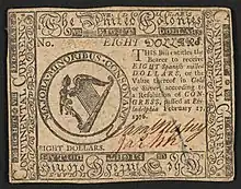 A 1776 eight-dollar banknote featuring the "United Colonies" name with the inscription ""EIGHT DOLLARS. THIS Bill entitles the Bearer to receive EIGHT Spanish milled DOLLARS, or the Value thereof in Gold or Silver, according to a Resolution of CONGRESS, passed at Philadelphia February 17, 1776." ; Within border cuts: "Continental Currency" and "The United Colonies". ; Within circle: “MAJORA. MINORIBUS. CONSONANT". ; Verso: "EIGHT DOLLARS. PHILADELPHIA: PRINTED BY HALL & SELLERS. 1776."