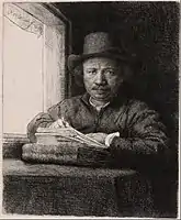 B22, Self Portrait Drawing at a Window, 1648, 5 states. He is drawing on an etching plate, making this the least posed self-portrait etching. In state iv, a landscape is added outside. The last etching but for two sketches, and one of the "official" etched self-portraits.