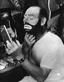 Emmett Kelly getting ready for the show- Sarasota, Florida