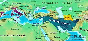 A map centered on the Mediterranean and Middle East showing the extent of the Roman Republic (Purple), Selucid Empire (Blue), and Parthia (Yellow) around 200 BC.