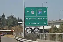 A highway sign with arrows and labels for streets in various directions