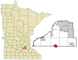 Location of the city of New Praguewithin Scott and Le Sueur Countiesin the state of Minnesota