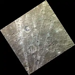 The region around Sibelius in exaggerated color.  The rays of Han Kan crater cross the scene.