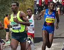 Left:Black man running in dark shorts and fluorescent green top, with another runner in the background. Right: Black woman running in dark blue kit with spectators in the background.