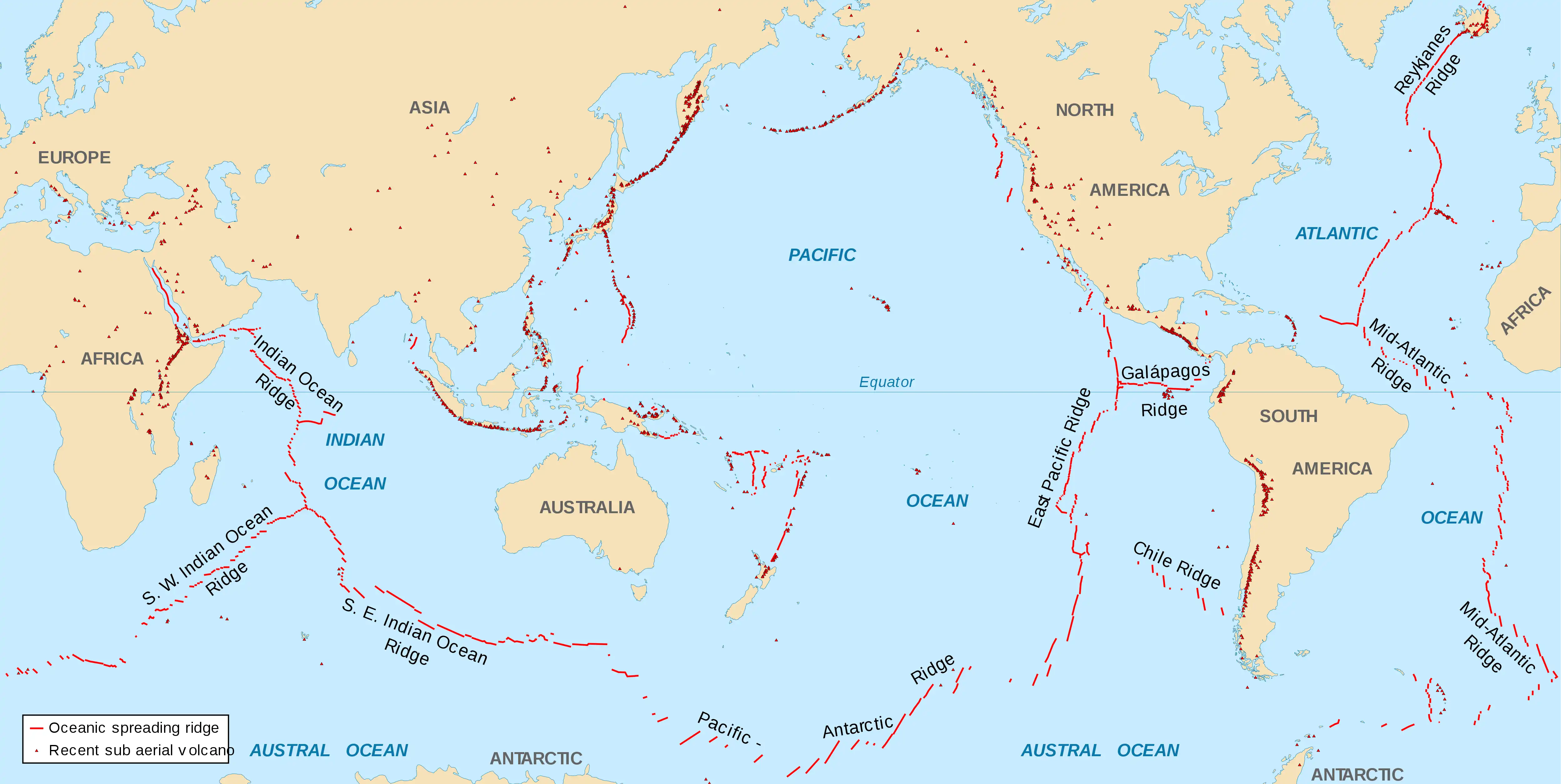Image 37A map of recent volcanic activity and ridge spreading. The areas where NASA GRACE measured gravity to be stronger than the theoretical gravity have a strong correlation with the positions of the volcanic activity and ridge spreading. (from Gravity of Earth)