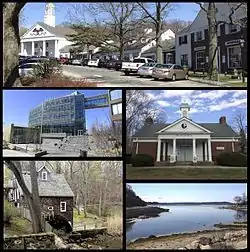 Clockwise from top the Stony Brook Village Center, the art building at the Long Island Museums, Stony Brook Harbor, the c. 1751 Stony Brook Grist Mill, and the Simons Center for Geometry and Physics at Stony Brook University