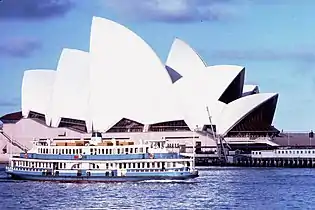 Kosciusko passing the newly opened Sydney Opera House in Public Transport Commission colours, 25 October 1973