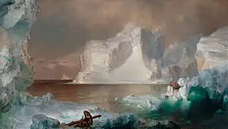 Painting of icebergs, with one white iceberg dominating the centre of the work and dark blue and black icebergs framing the piece. The work is painted in a suggestive style rather than with precise detail.