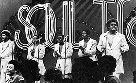 The group performing on Soul Train in 1974. From left to right: Airrion Love, James Smith, James Dunn, Herb Murrell, and Russell Thompkins Jr.