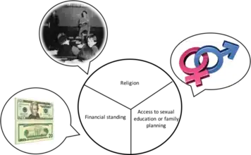 In the image, there are three separate pictures that depict each subcategory in a visual nature. The finance is represented by U.S currency, religion is depicted through an amish school house, and family planning is portrayed by a sex symbol.