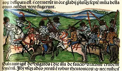 Chronica Hungarorum, Thuróczy chronicle, Battle of the Fischa in 1146, King Géza II of Hungary, Palatine Belos, Duke Henry X, battle, Hungary, Austria, Germans, horses, fight, armored soldiers, cavalry, medieval, Hungarian chronicle, book, illustration, history