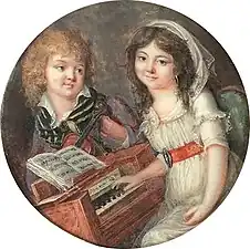 Two children playing musical instruments, between 1790-1798, miniature, opaque watercolor on ivory, diamèter 7.4&nbsp;cm