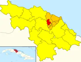 Calabazar de Sagua (red) in Encrucijada (orange) in Villa Clara (yellow)