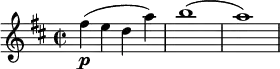 \relative c'' { \clef treble \key d \major \time 2/2 fis\p( e d a') | b1( | a) }