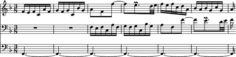 {
<< <<
\new Staff { \clef treble \key f \major \tempo 8=120 \set Staff.midiInstrument = "flute" {
\set Score.tempoHideNote = ##t
\override Score.BarNumber #'transparent = ##t
\time 3/8
\relative c'
{ f16 e f c a' f | g f g c, bes' g | a8 f f'~ | f e8.\prall d32 e | f16 e f c d a | bes a bes g c g | a16 }
}
}
\new Staff { \clef bass \key f \major \set Staff.midiInstrument = "flute" {
\relative c
{ R1*3/8 | R1*3/8 | f16 e f c a' f | g f g c, bes' g | a8 f f'~ | f e8.\prall d32 e | f16 }
}
}
\new Staff { \clef bass \key f \major \set Staff.midiInstrument = "flute" {
\relative c,
{ f4.~ | f~ | f~ | f~ | f~ | f~ | f16 }
}
}
>> >>
}