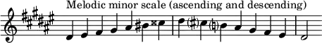 {
\omit Score.TimeSignature \relative c' {
\key dis \minor \time 7/4 dis^"Melodic minor scale (ascending and descending)" eis fis gis ais bis cisis dis cis? b? ais gis fis eis dis2
} }