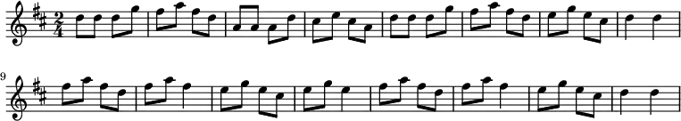{
\key d \major
\time 2/4
d''8 d''8 d''8 g''8 fis''8 a''8 fis''8 d''8 a'8 a'8 a'8 d''8 cis''8 e''8 cis''8 a'8 d''8 d''8 d''8 g''8 fis''8 a''8 fis''8 d''8 e''8 g''8 e''8 cis''8 d''4 d''4
fis''8 a''8 fis''8 d''8 fis''8 a''8 fis''4 e''8 g''8 e''8 cis''8 e''8 g''8 e''4 fis''8 a''8 fis''8 d''8 fis''8 a''8 fis''4 e''8 g''8 e''8 cis''8 d''4 d''4
}