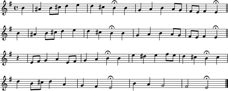 \new Staff <<
\time 4/4
\key e \minor
\partial 4
\relative c'' {
\set Staff.midiInstrument = "flute"
\set Score.tempoHideNote = ##t
\override Score.BarNumber #'transparent = ##t
\repeat unfold 2 { b4 | ais b8 cis d4 e | d4 cis b\fermata
b | g a b a8 g | fis e fis4 e\fermata \bar "||" \break }
r4 | e8 fis g4 a e8 fis | g4 a b\fermata
b | e dis e fis8 e | d4 cis b\fermata
cis \break | d b8 cis d4 a | g fis e2\fermata |
b'4 a g2 fis e\fermata \bar"|."
}
>>
\layout { indent = #0 }
\midi { \tempo 4 = 80 }
