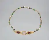 Necklace; circa 200 BC; gold, moonstone, garnet, emerald, cornelian, baroque pearl and banded agate; overall: 39.4 centimetres (15.5 in); Cleveland Museum of Art (Cleveland)