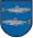 A coat of arms depicting a silver fish swimming to the right on the top and another fish swimming to the left on the bottom all on a blue background