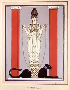 Lady with Panther by George Barbier for Louis Cartier, 1914. Display card commissioned by Cartier shows a woman in a Paul Poiret gown (1914).