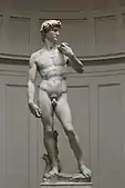 David; by Michelangelo; 1501–1504; marble; 517 cm × 199 cm; Galleria dell'Accademia (Florence)