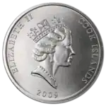 Coin with Queen Elizabeth's profile and the words 'Cook Islands'