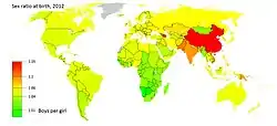 World map showing birth sex ratios