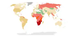 A map of the world where most of the land is colored green or yellow except for sub Saharan Africa which is colored red