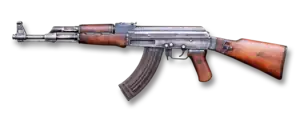 AK-47 assault rifle with curved magazine and wooden stock facing left