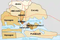 Map of the 10 communes which formed the former City of Abidjan (422&nbsp;km2), now included in the larger Autonomous District of Abidjan (2119&nbsp;km2)