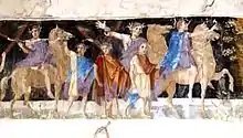 An ancient fresco of Macedonian soldiers from the tomb of Agios Athanasios, Thessaloniki, Greece, 4th century BC