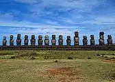 All fifteen standing moai at Ahu Tongariki, excavated and restored in the 1990s
